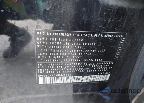 2021 Volkswagen Tiguan 2.0T Se/2.0T Se R-Line Black/2.0T Sel z USA, uszkodzony, nr VIN 3VV3B7AX0MM040594